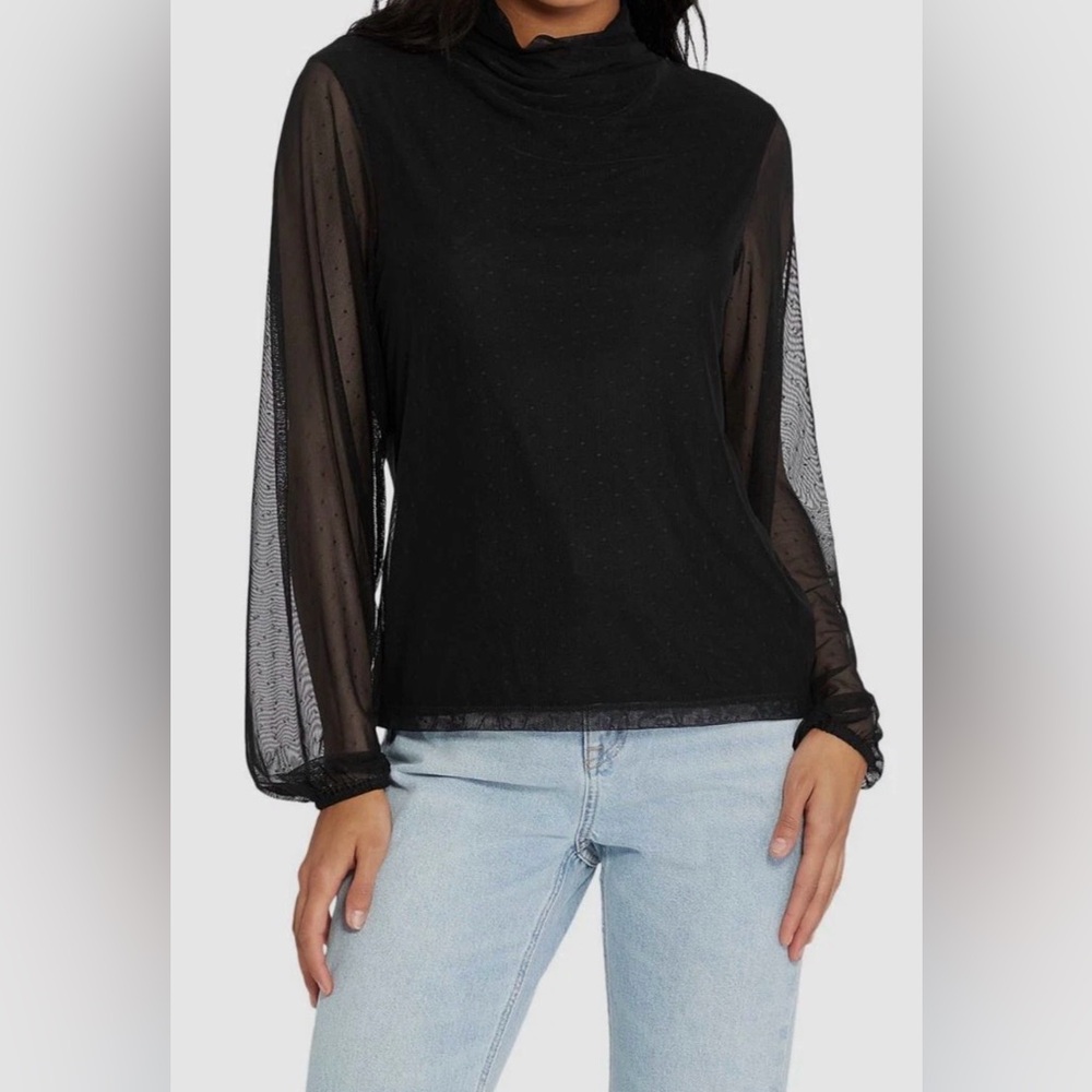Revolve Sanctuary Black Sheer Mesh Dot Mock-Neck Long Sleeve Top M/L